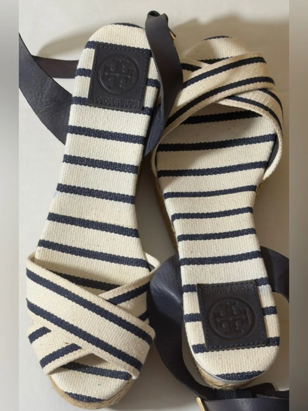 Tory Burch Navy & Cream Striped Espadrille Sandals